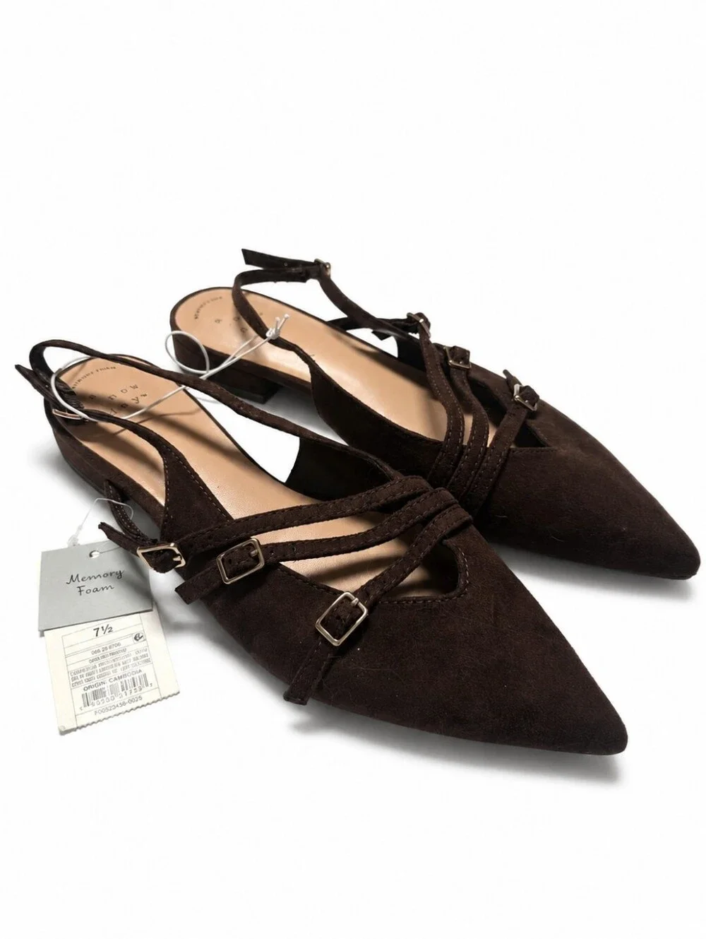 A New Day Twiggy Brown Multi Buckle Pointed Toe Flats Size 7.5 NWT